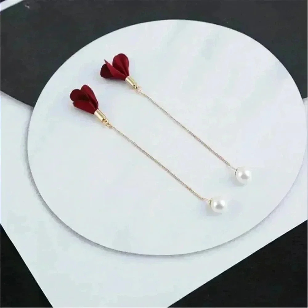 Red Flower Petal & Pearl Gold Dangle Earrings